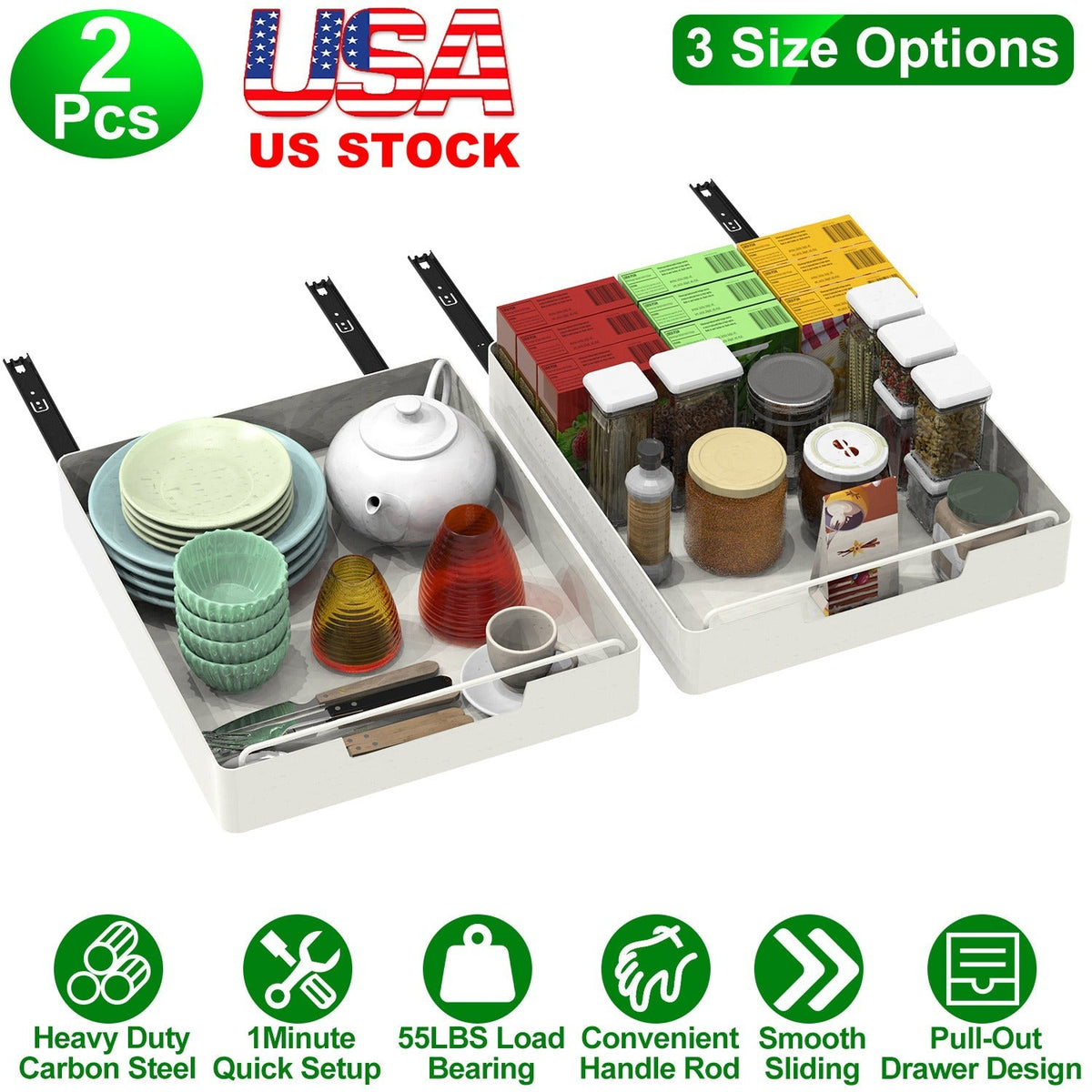 2Pcs Pull Out Cabinet Organizers Sliding Shelf Spice Rack Carbon Steel Roll Out Drawers Fixed with Adhesive Nano Film with Handle 55LBS Max Load