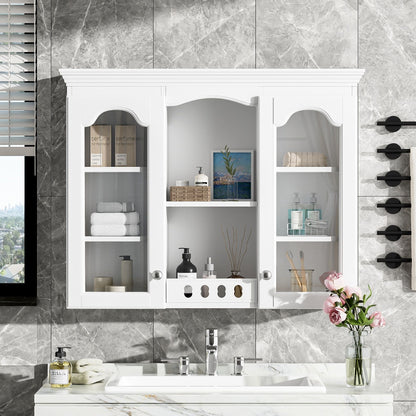 Wall-Mounted Medicine Cabinet with 2 Glass Doors and Adjustable Shelves - White