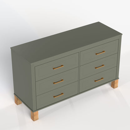 6-Drawer Double Dresser with Solid Wood Legs - Olive
