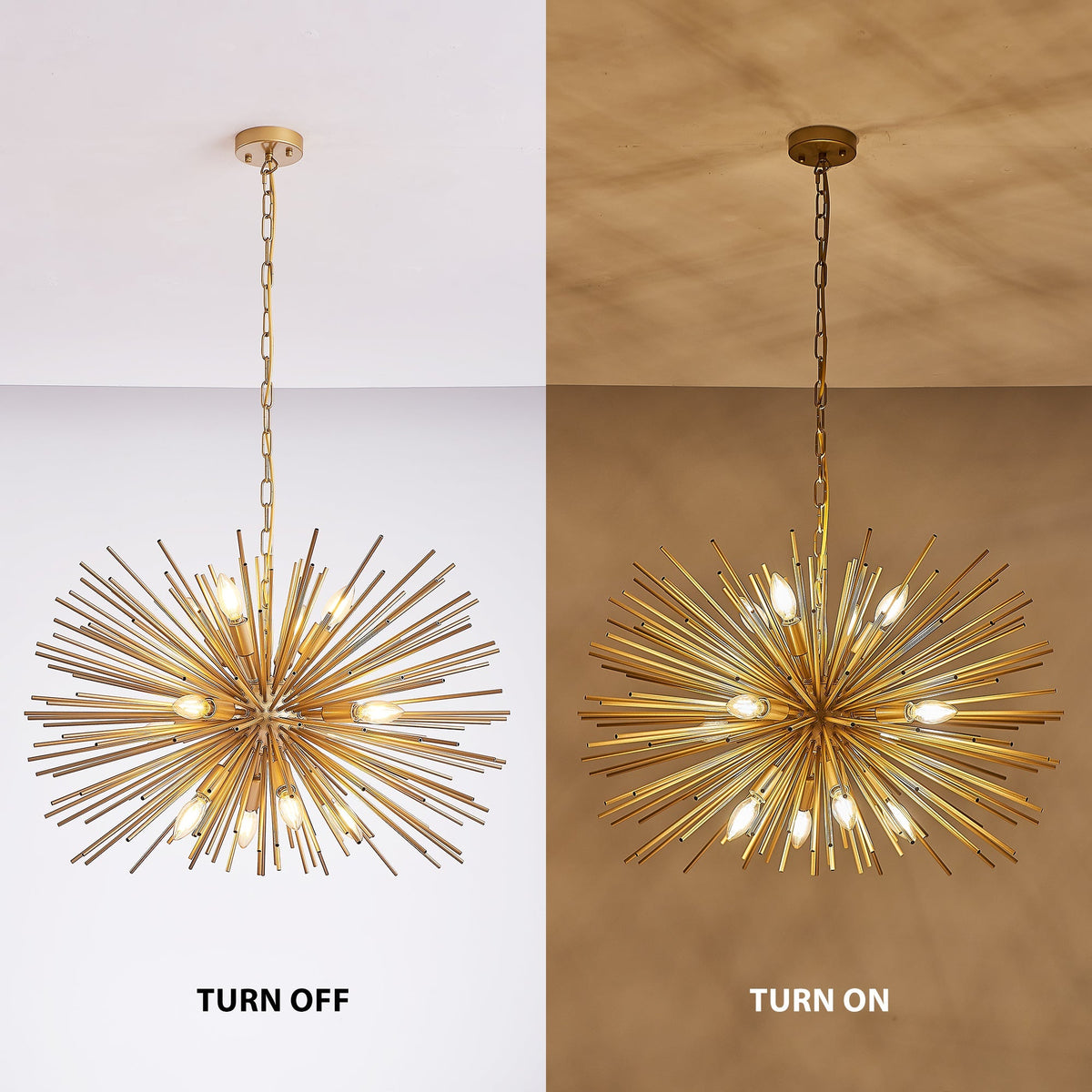 Gold 12-Light Mid-Century Modern Starburst Chandelier with Adjustable Chain