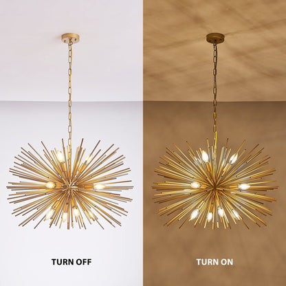 Gold 12-Light Mid-Century Modern Starburst Chandelier with Adjustable Chain