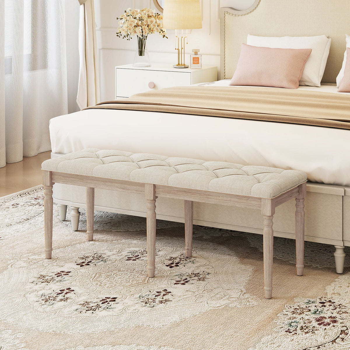 47.5 Inch Upholstered Bench with Carved Rubber Wood Legs and Padded Seat-Beige