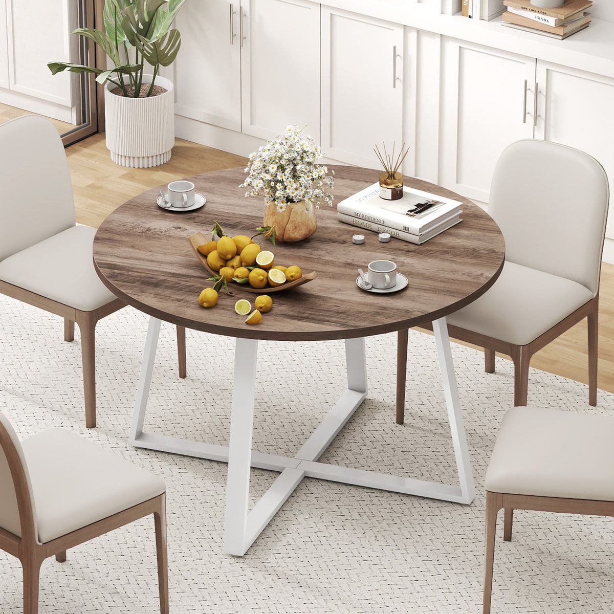 47 Inch Round Dining Table with Stable X-shaped Base and Round Thickened Tabletop