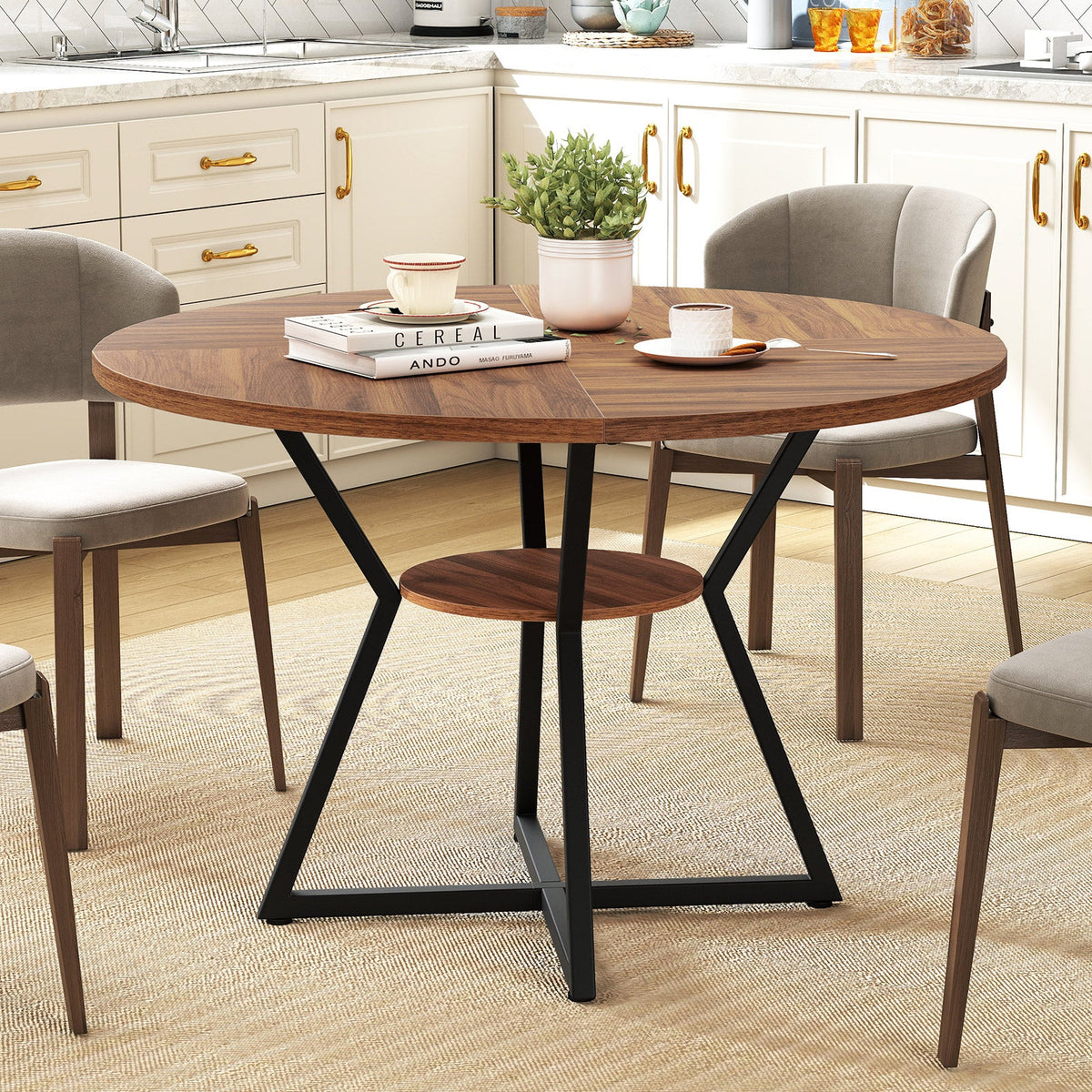 47" Round Dining Table for 4 with Storage Shelf-Brown