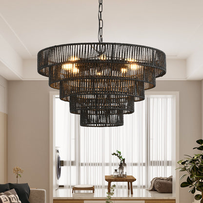 Rustic 5-Tier Hemp Rope Chandelier with 8 Lights - Black