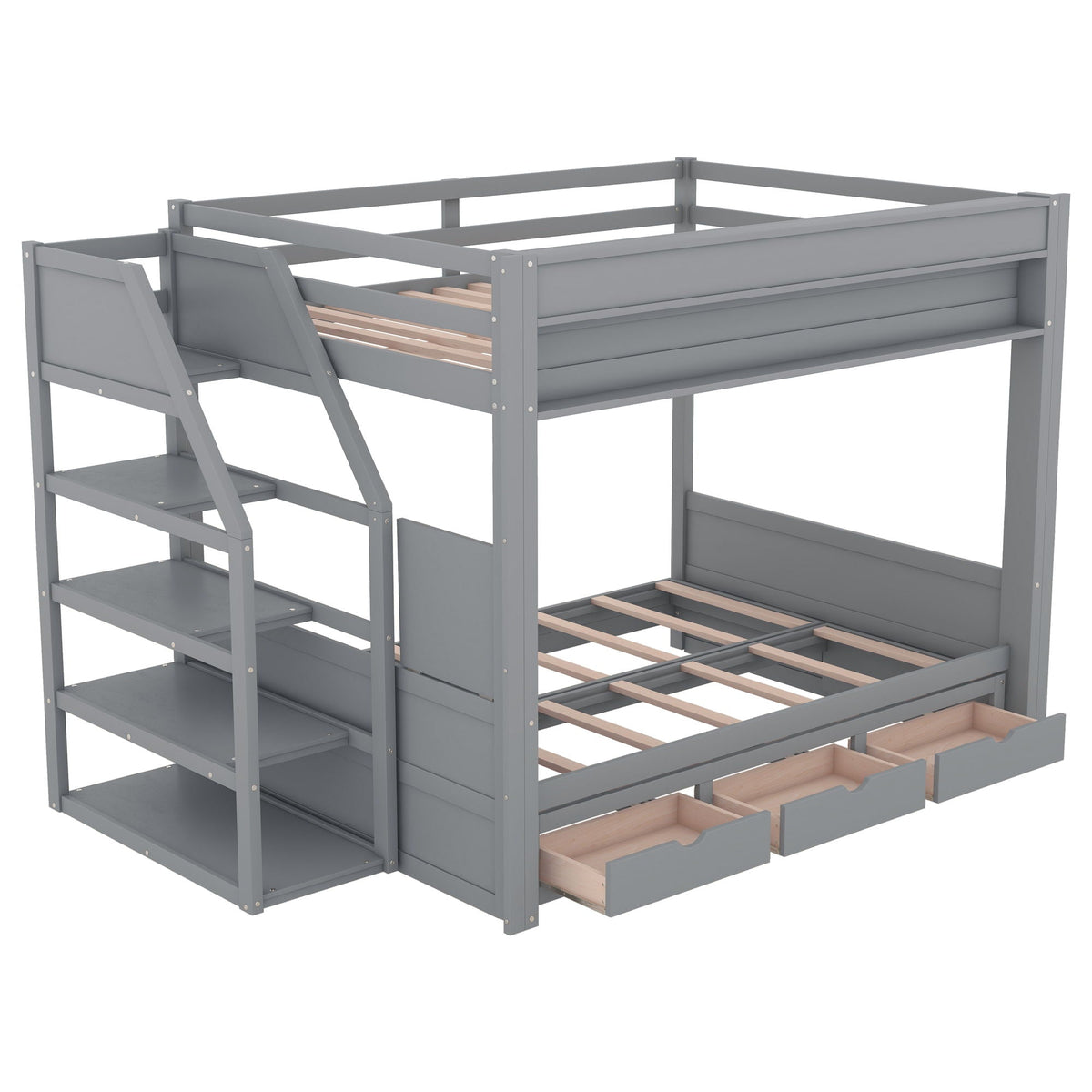 Full Size Convertible Wood Bunk Bed with Storage Staircase - Gray