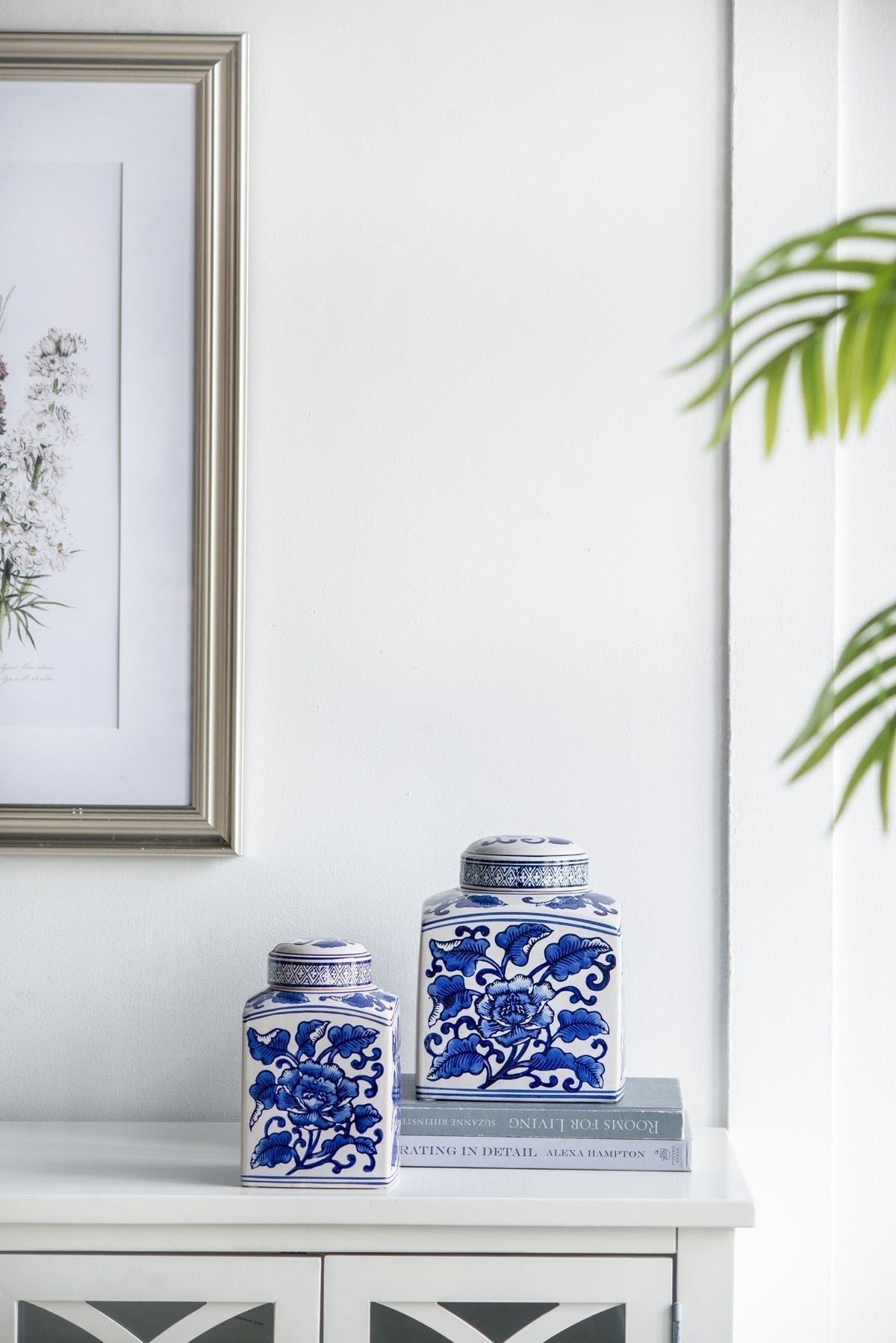 Hand Painted Square Ceramic Canister with Blue Floral Pattern - White & Blue