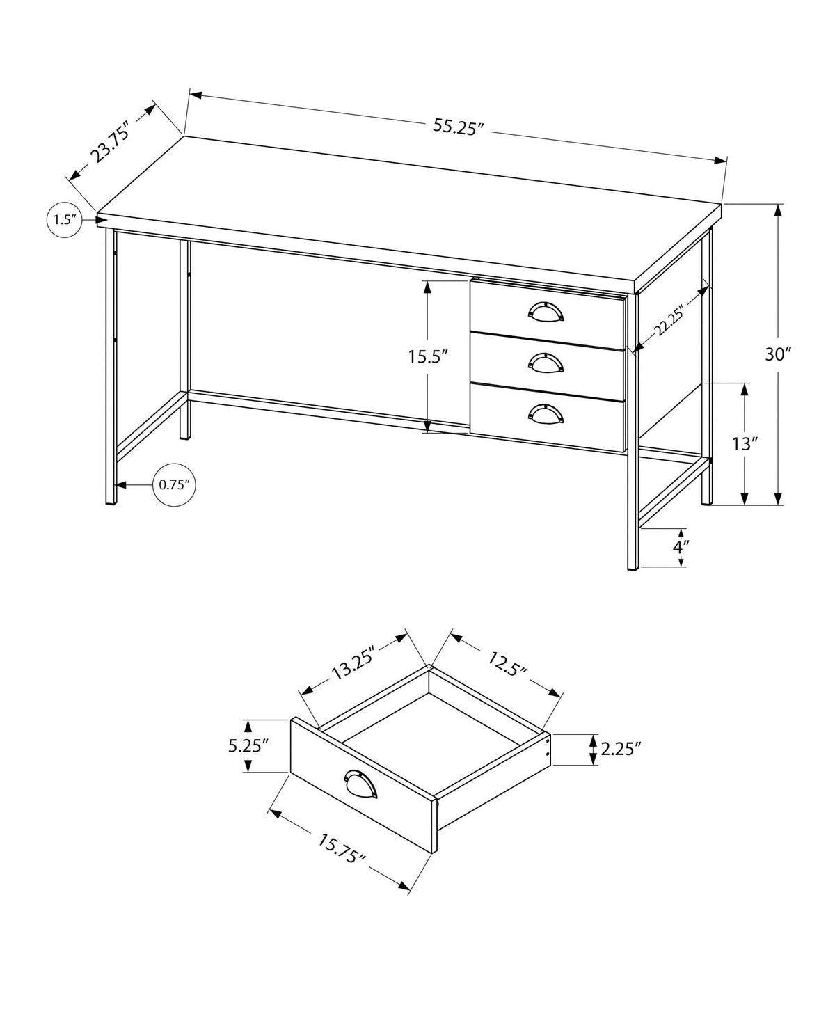 Contemporary Computer Desk with 3 Storage Drawers - Dark Gray, Gray, or Dark Brown
