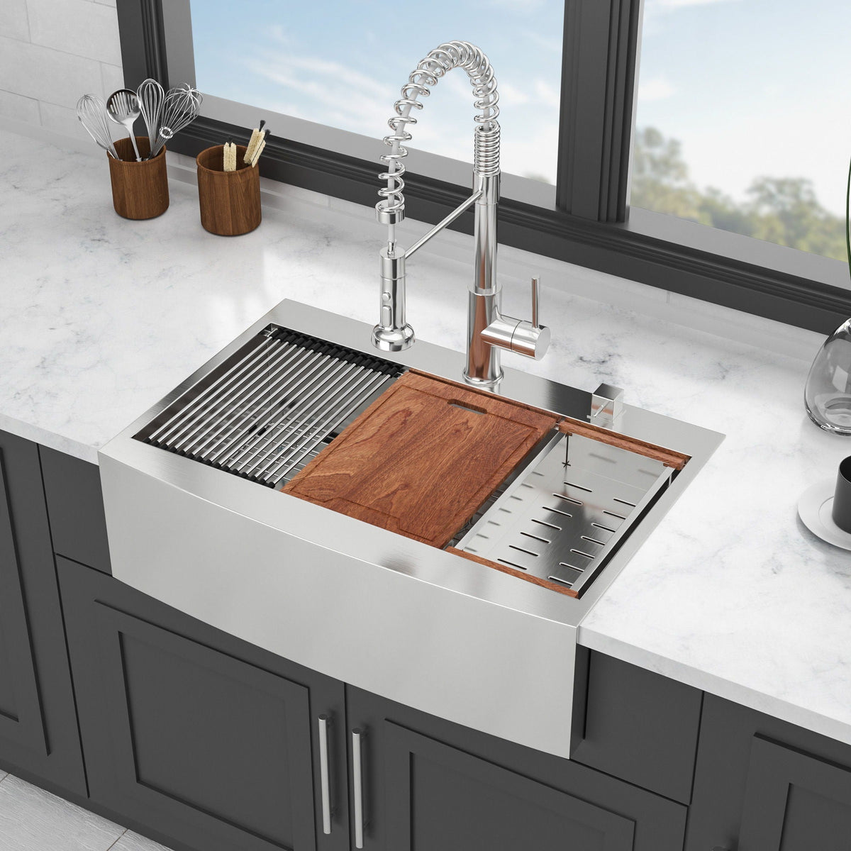 Modern Farmhouse Drop-In Workstation Kitchen Sink with Apron Front - Gray