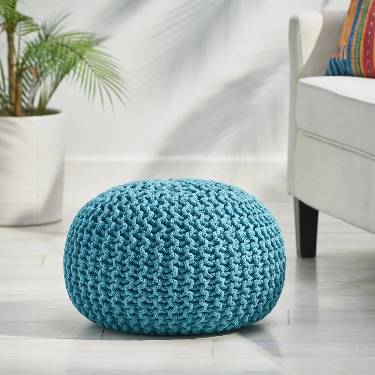Knitted Round Pouf Ottoman with Pumpkin Shape - Light Blue or Dark Brown