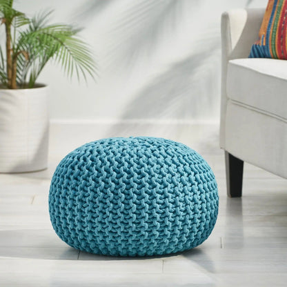 Knitted Round Pouf Ottoman with Pumpkin Shape - Light Blue or Dark Brown