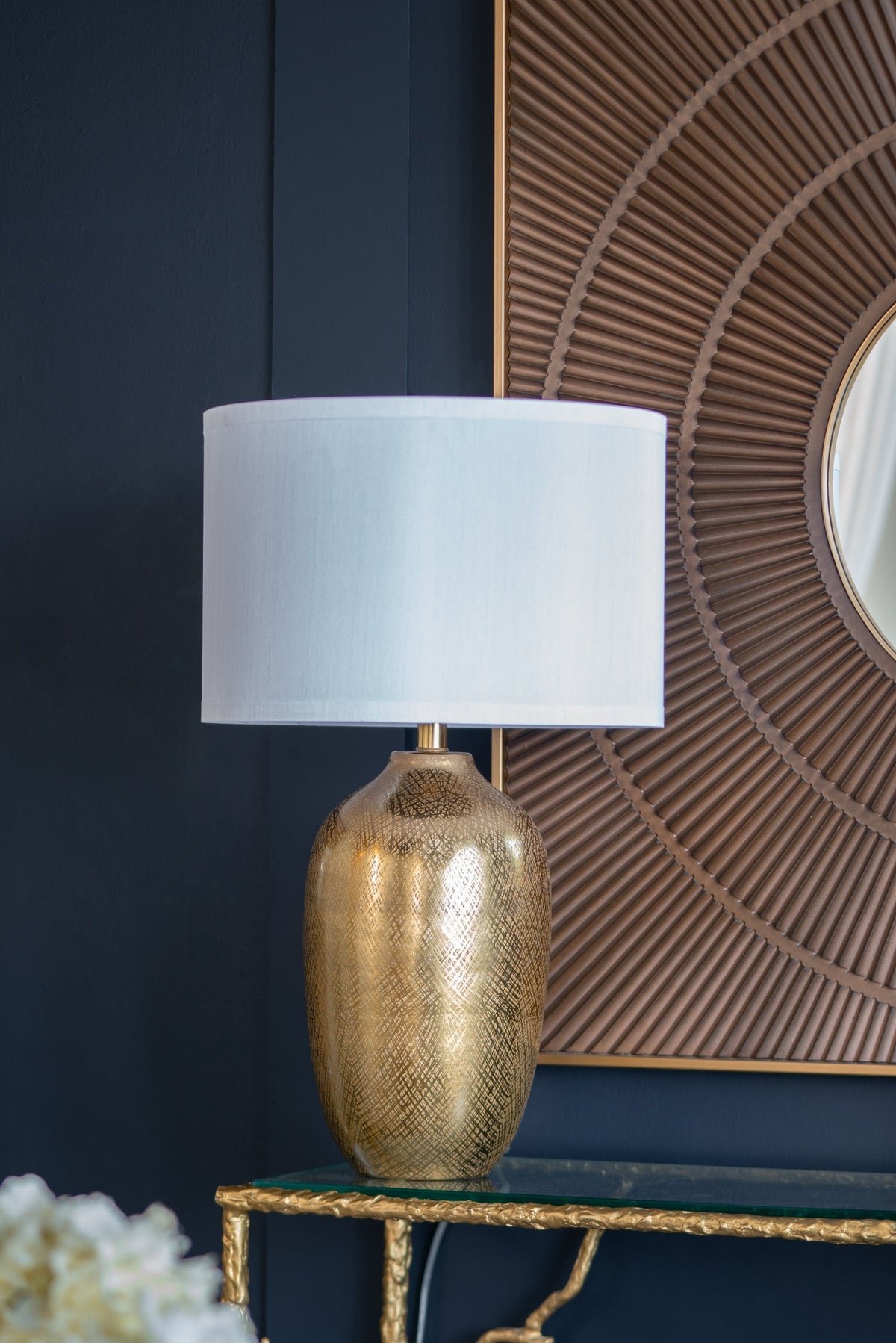 Round Aluminum Table Lamp with Fabric Shade - Gold