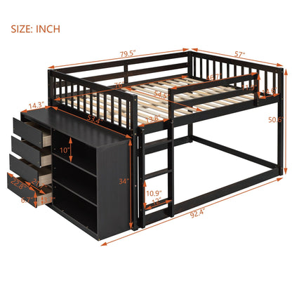 Bunk Bed With 4 Drawers and 3 Shelves - Solid Pine Wood