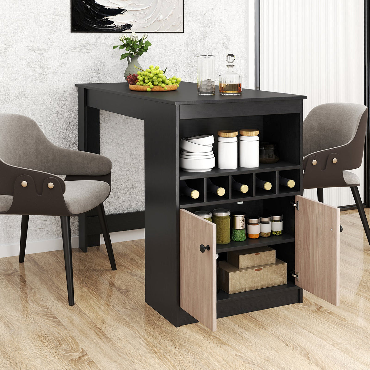 48 Inch Bar Table with Storage Cabinet and Wine Rack-Black