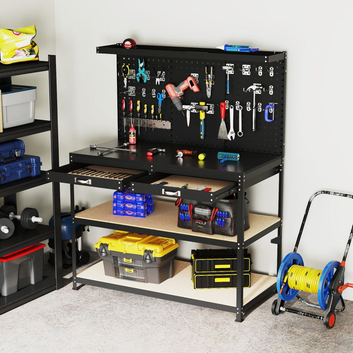 48 x 24 Inch Workbench Work Table with 3 PCs Pegboard Drawer and Shelves