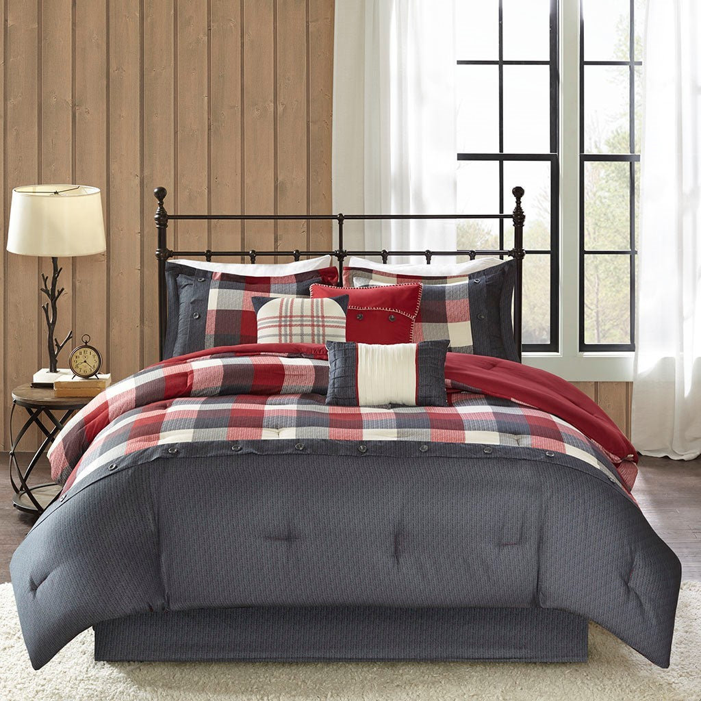 7 Piece Herringbone Comforter Set - Red California King