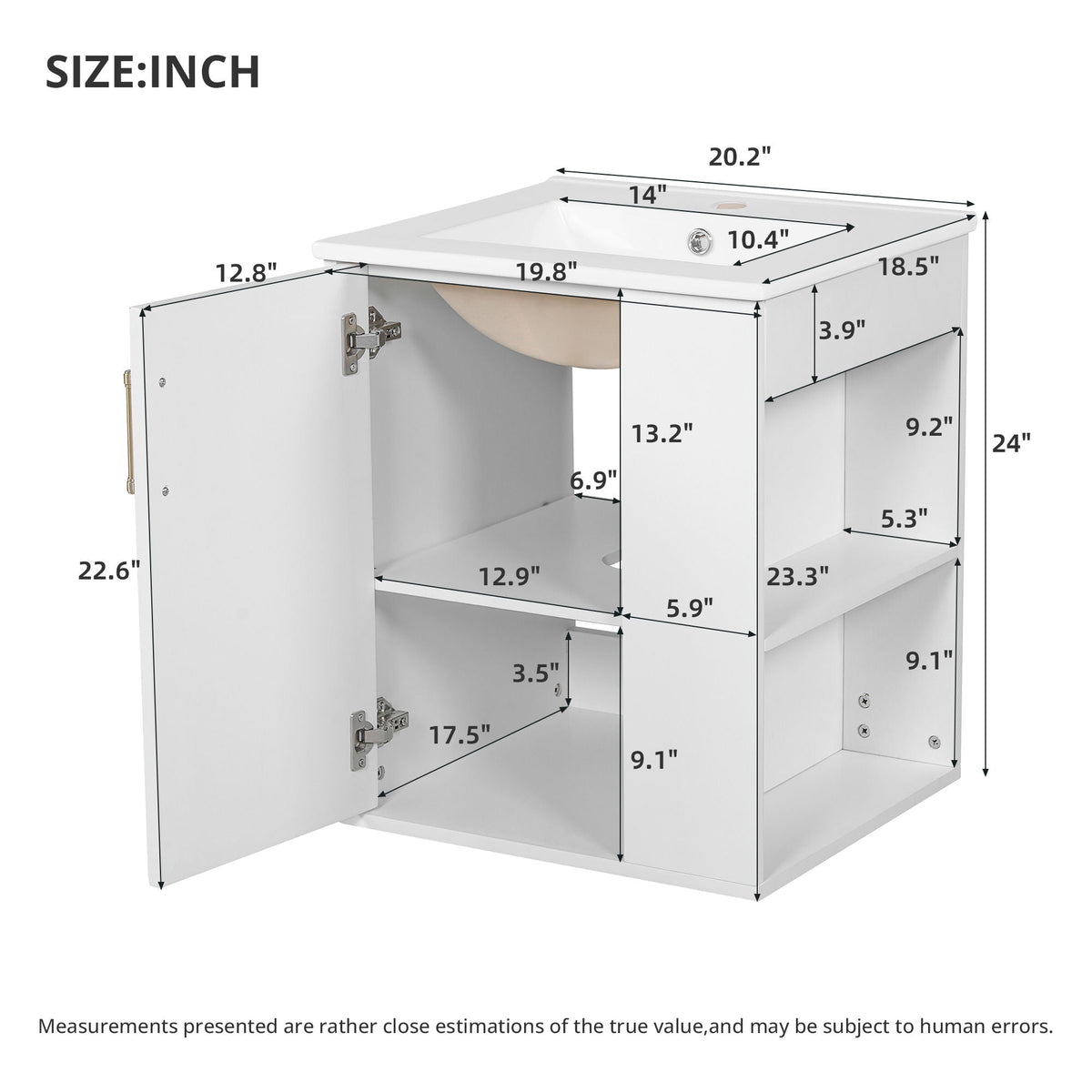 Wall Mounted Bathroom Cabinet with Side Shelf and Sink - White