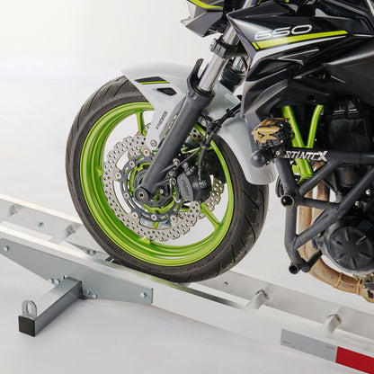 Motorcycle Hitch Mount Carrier with Ramp - Rust-Resistant Silver