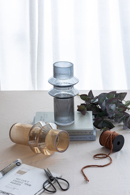 Fluted Accent Vases with Ribbed Design - Clear Blue, Set of 2