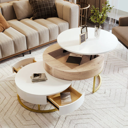 Modern Round Nesting Coffee Tables with Lift-Top and 2 Drawers - White or Black