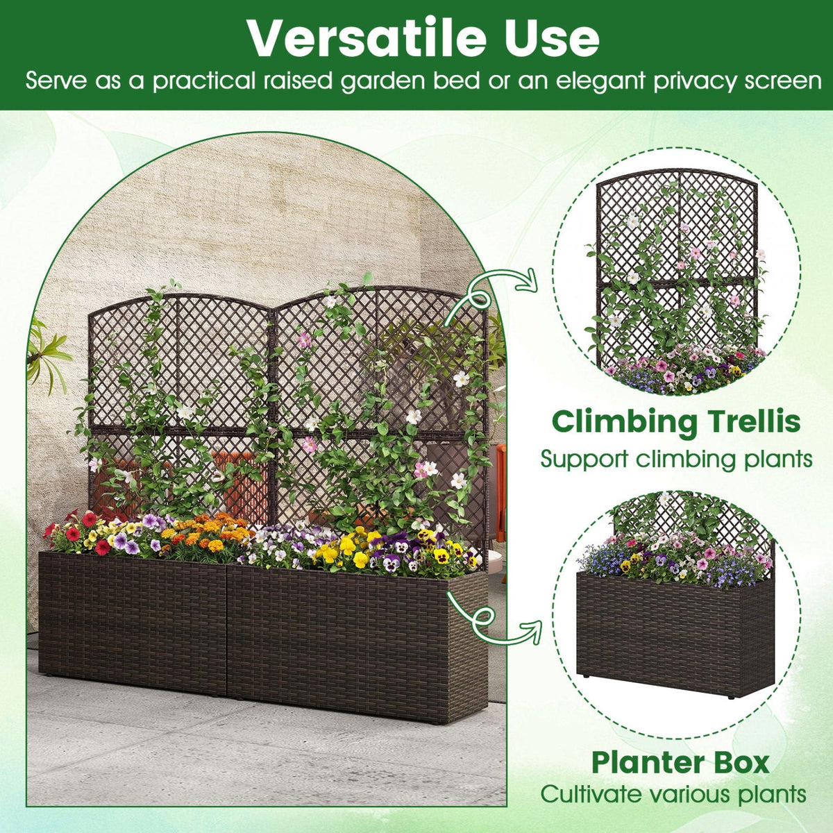 49 Inch Raised Garden Bed with Trellis and Wicker Planter Box