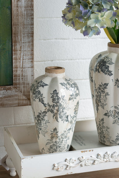White Ceramic Accent Vase with Gray Floral Design - 11.6" Height