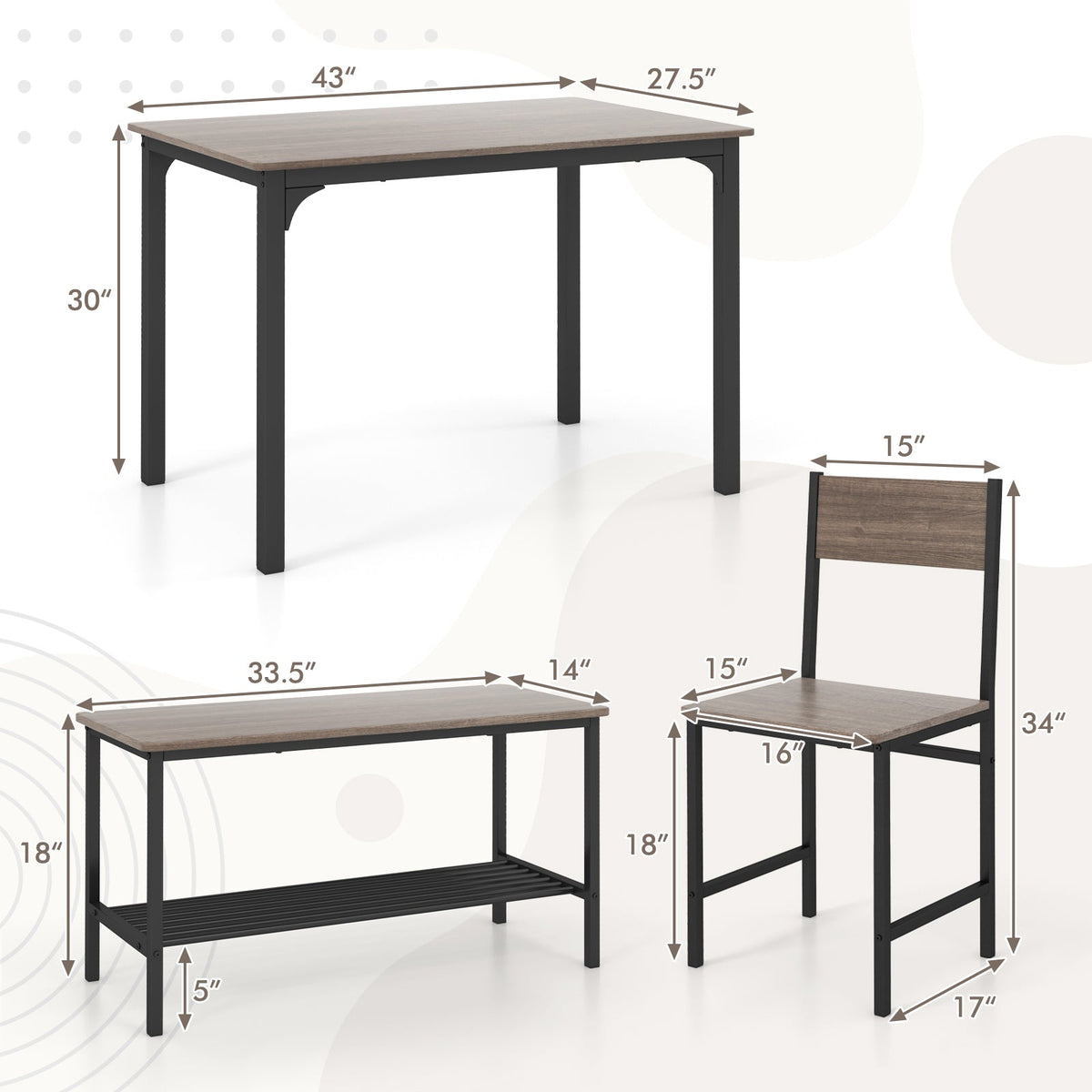4 Pieces Rustic Dining Table Set with 2 Chairs and Bench