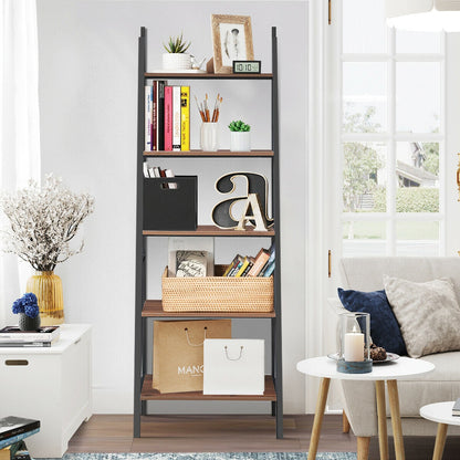 5 Tier Leaning Bookshelf Wood Metal Bookcase