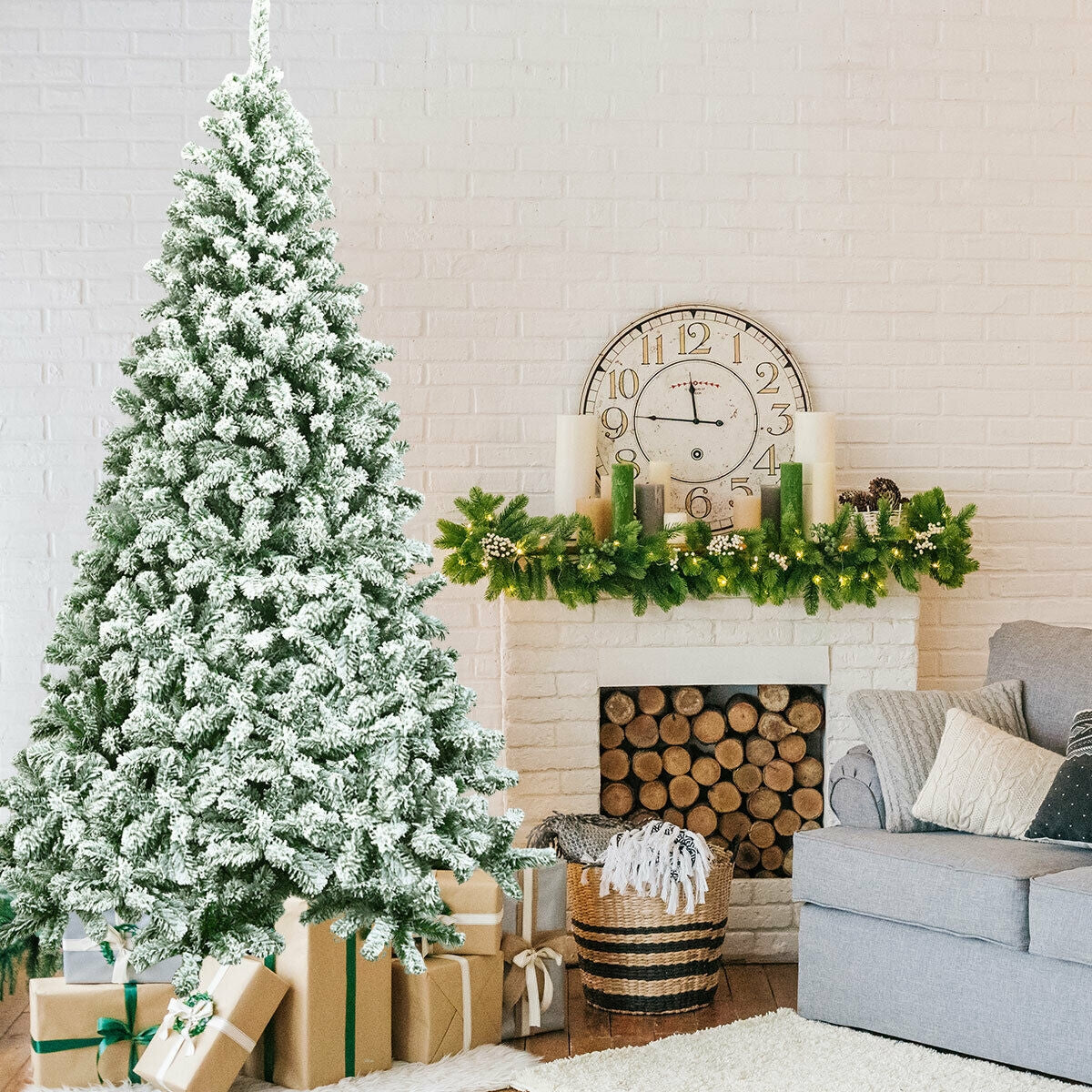 7.5 Feet Snow Flocked Artificial Christmas Tree Hinged with 1346 Tip and Foldable Base