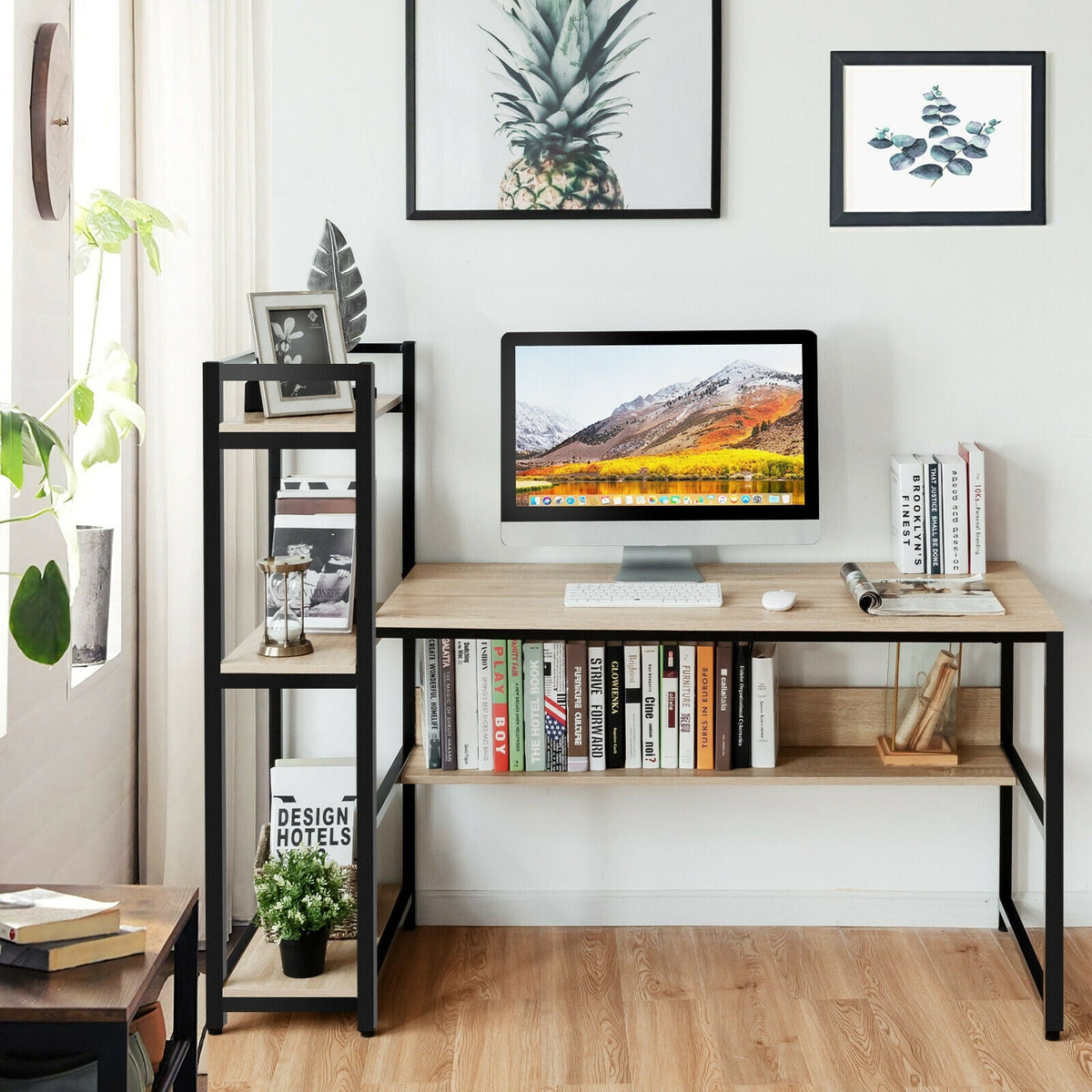 59-Inch Computer Desk Home Office Workstation 4-Tier Storage Shelves
