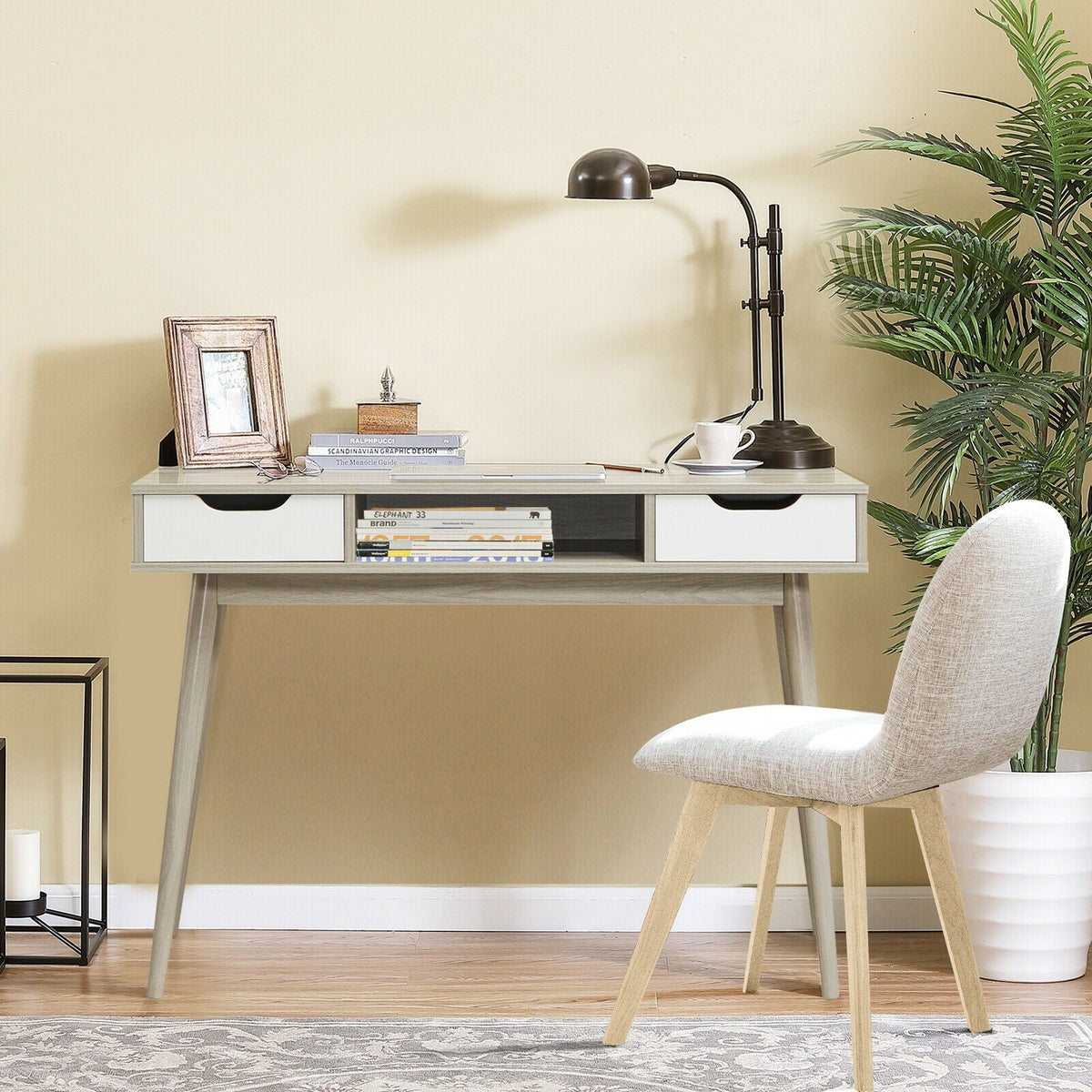 Stylish Computer Desk Workstation with 2 Drawers and Solid Wood Legs