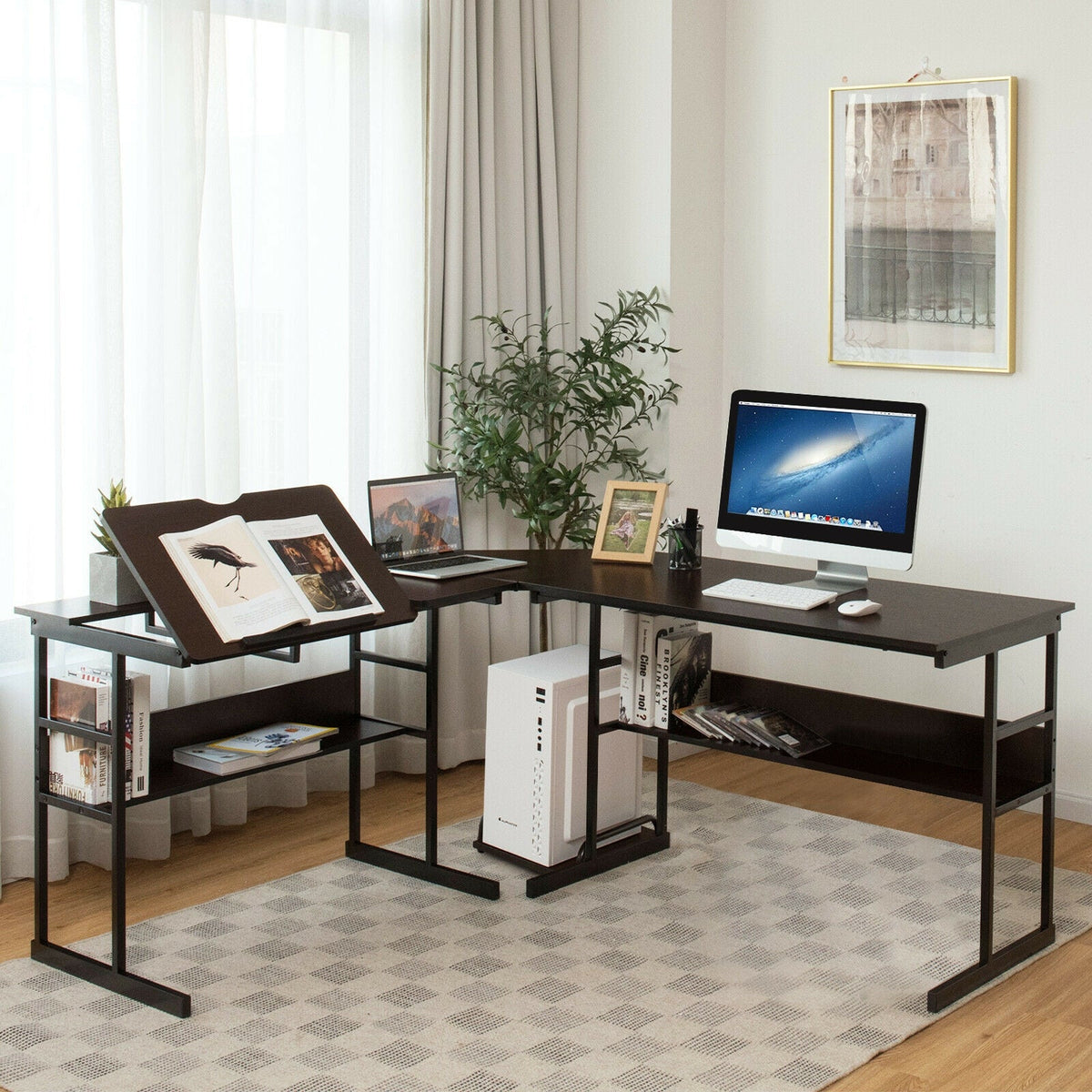 L-Shaped Computer Desk with Tiltable Tabletop