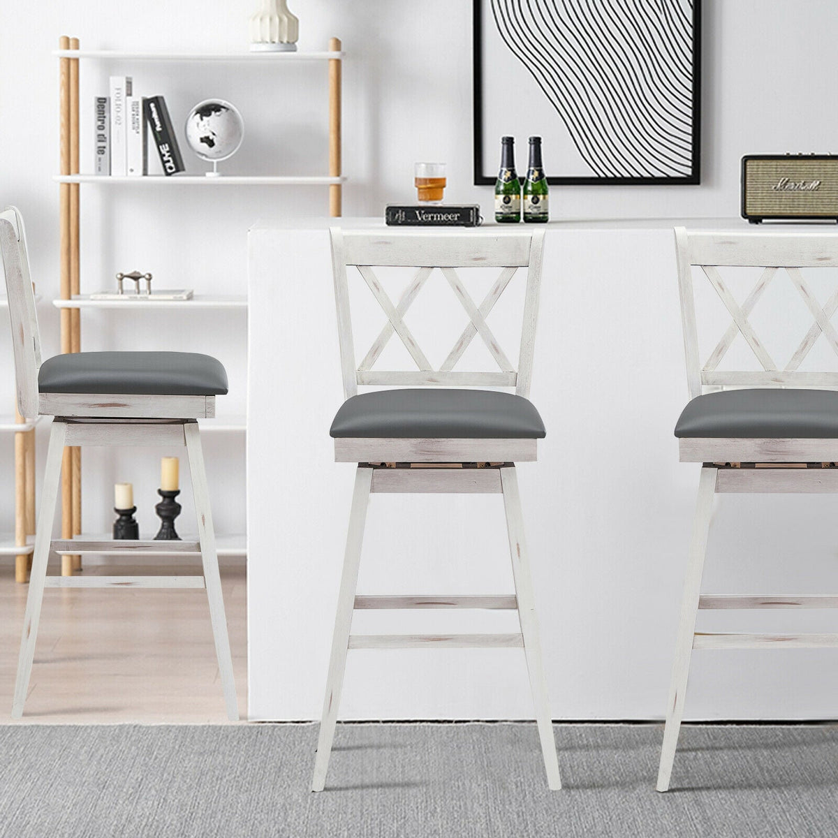 2 Pieces 29 Inches Swivel Counter Height Barstool Set with Rubber Wood Legs