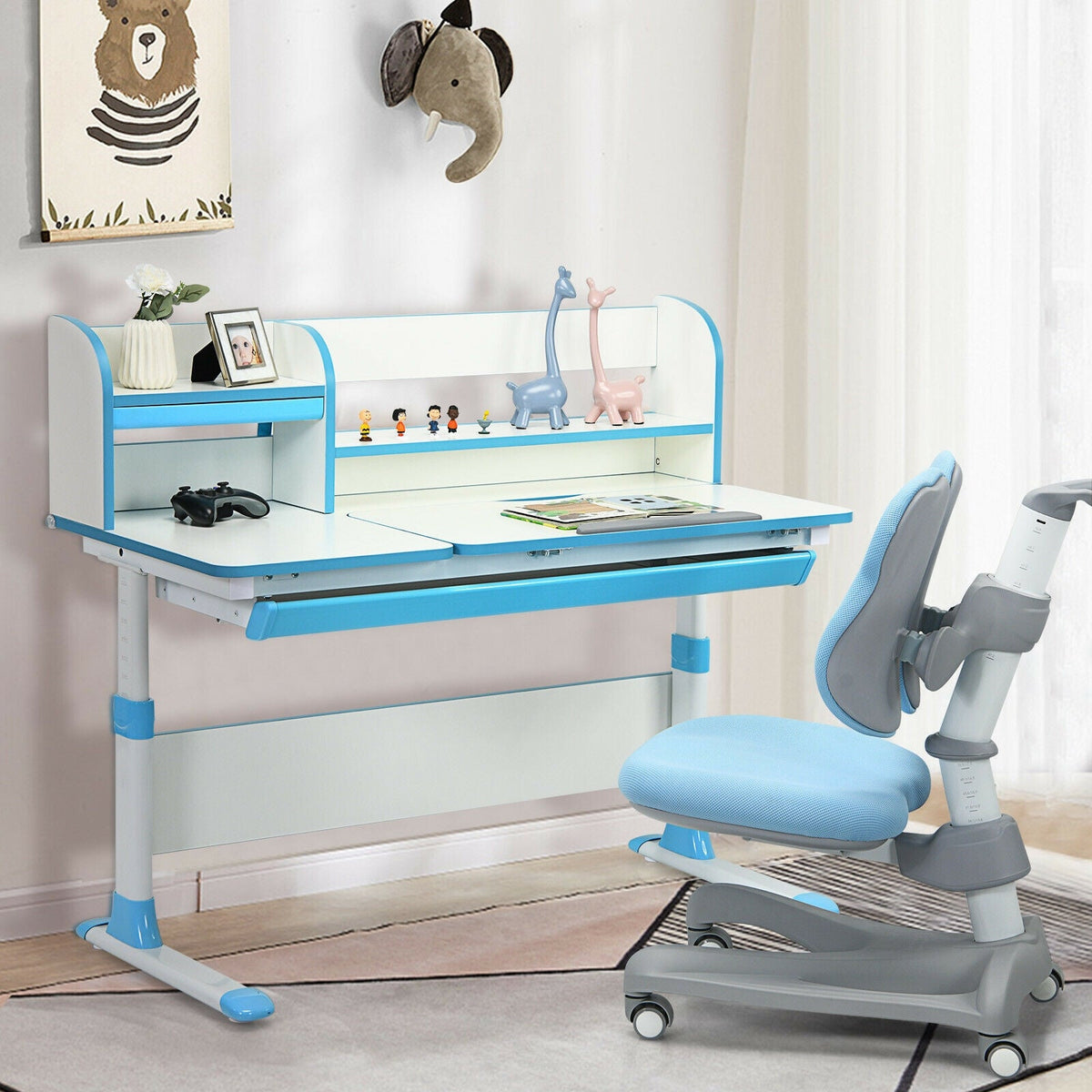 Adjustable Height Study Desk with Drawer and Tilted Desktop for School and Home