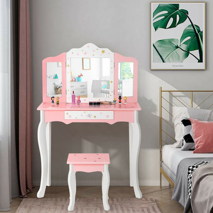 Kids Princess Vanity Table and Stool Set with Tri-folding Mirror and Drawer-Pink