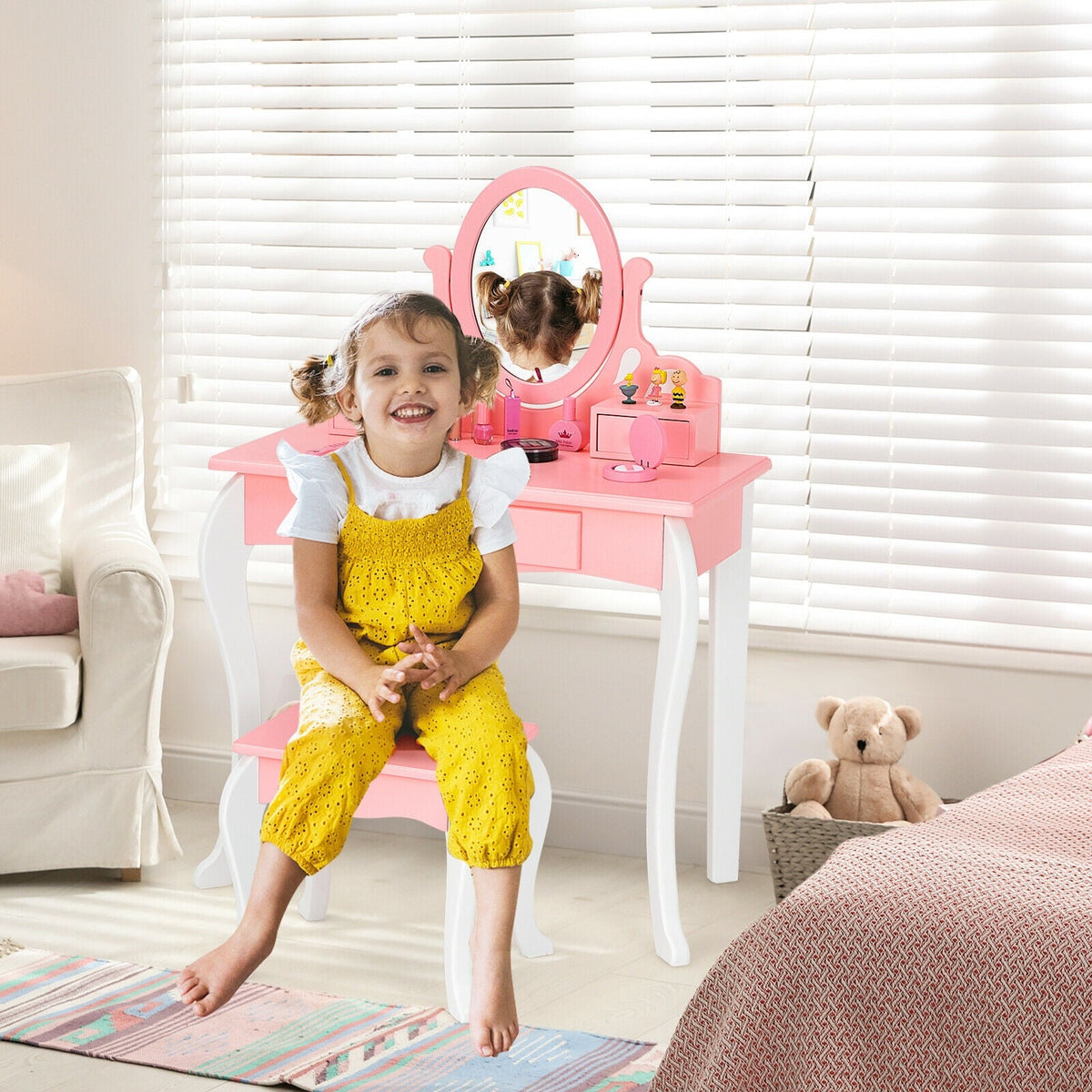 Kids Vanity Princess Makeup Dressing Table Stool Set with Mirror and Drawer