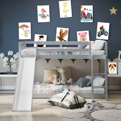 Twin over Twin Bunk Wooden Low Bed with Slide Ladder for Kids