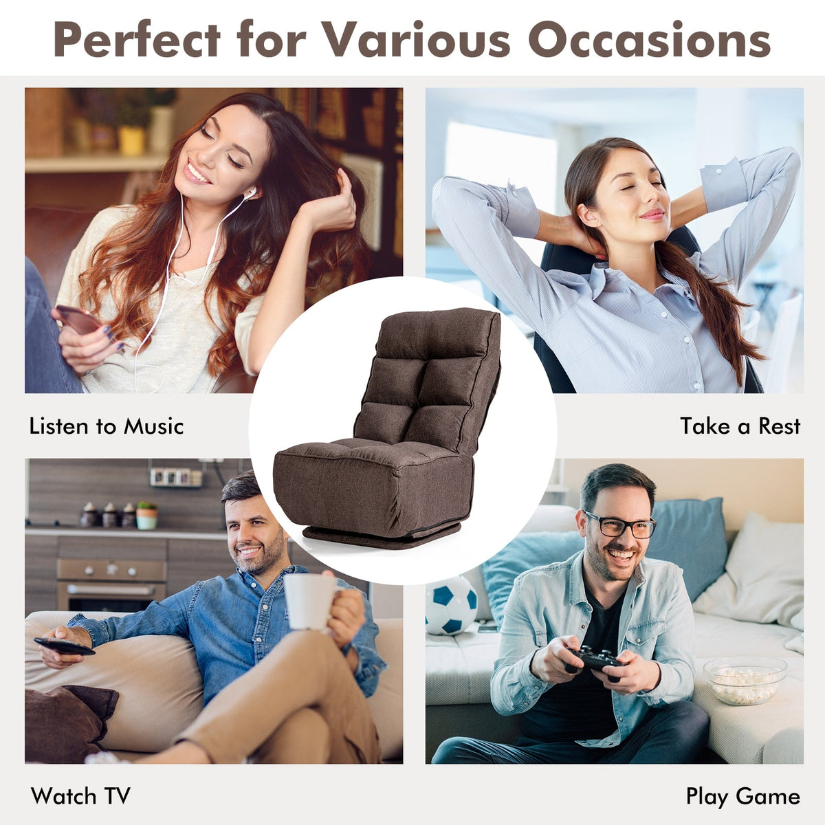 360-Degree Swivel Folding Floor Chair with 6 Adjustable Positions