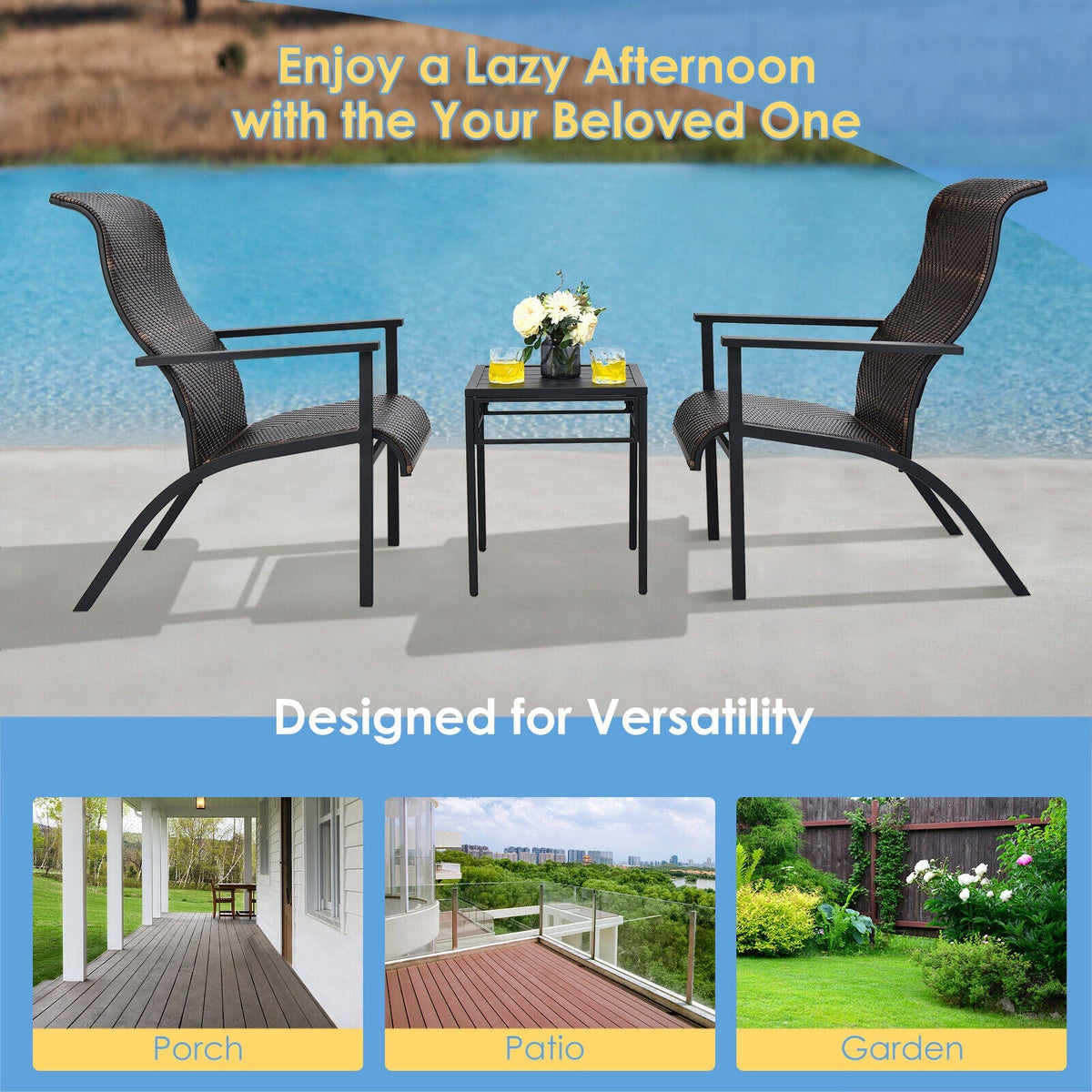 3 Pieces Patio Rattan Bistro Set with High Backrest and Armrest
