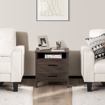 Modern Wood Grain Nightstand with Cable Hole and Open Compartment