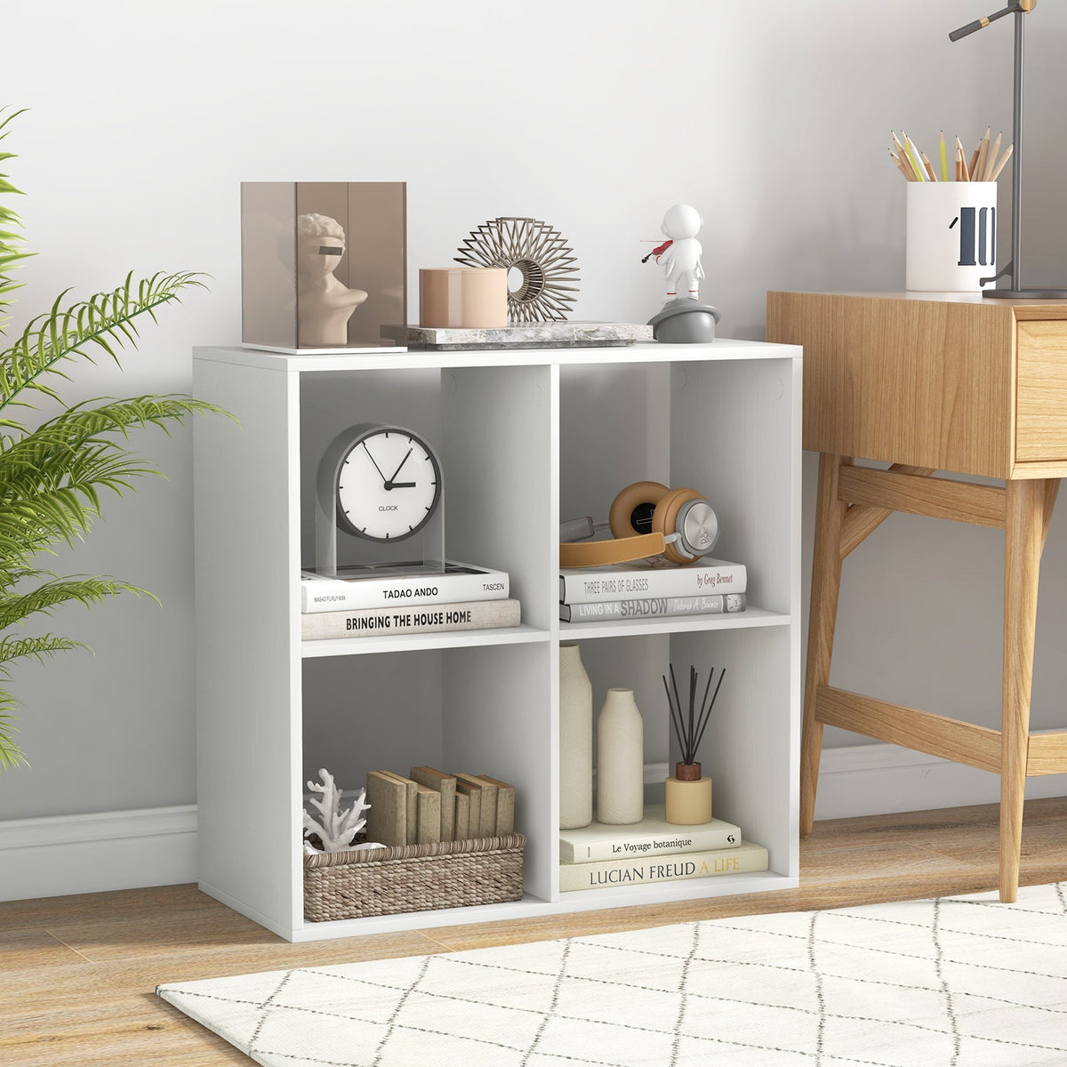 4 Cube Bookshelf with Back Guardrail for Living Room Bedroom