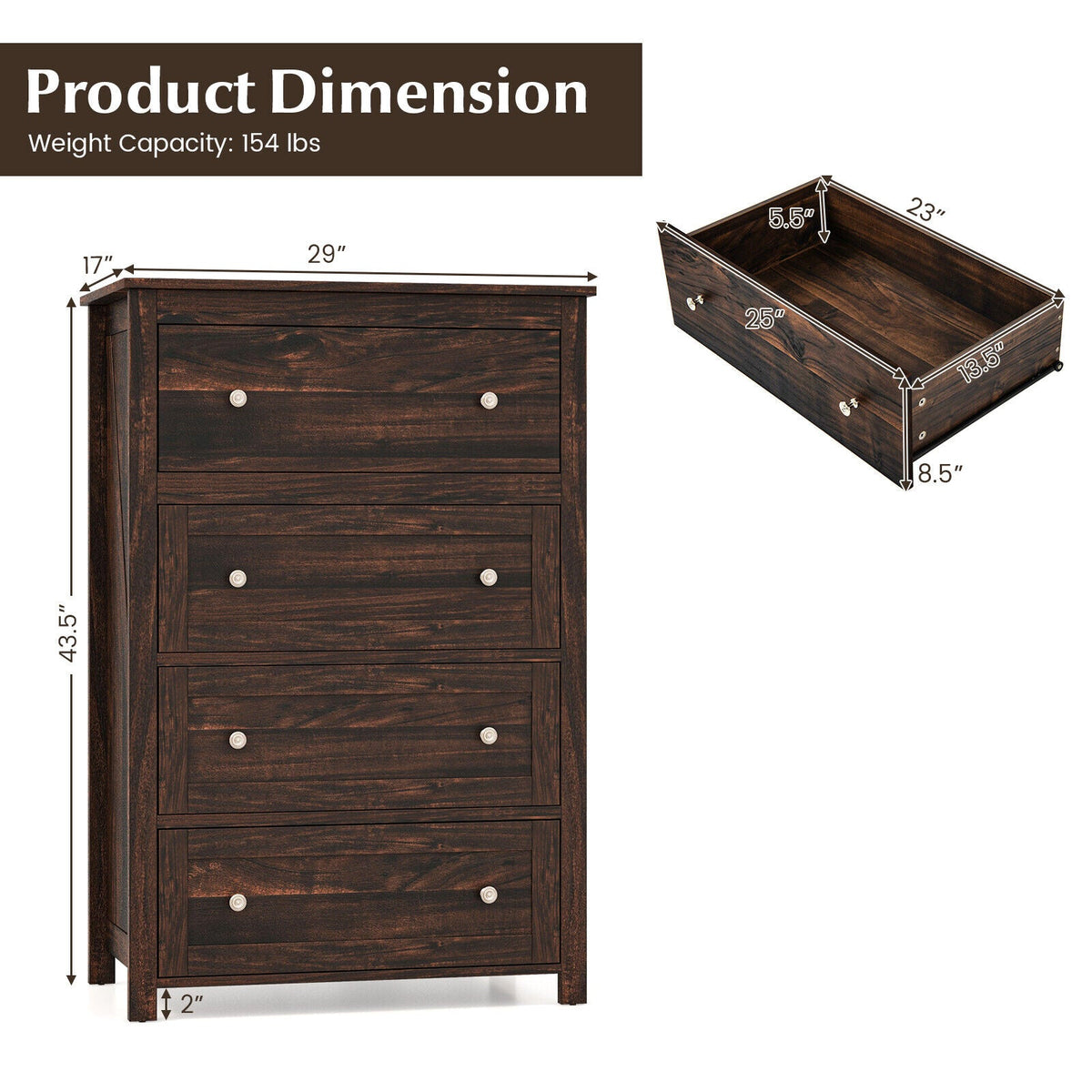 4 Drawer Dresser for Closet Hallway Living Room Nursery-Brown