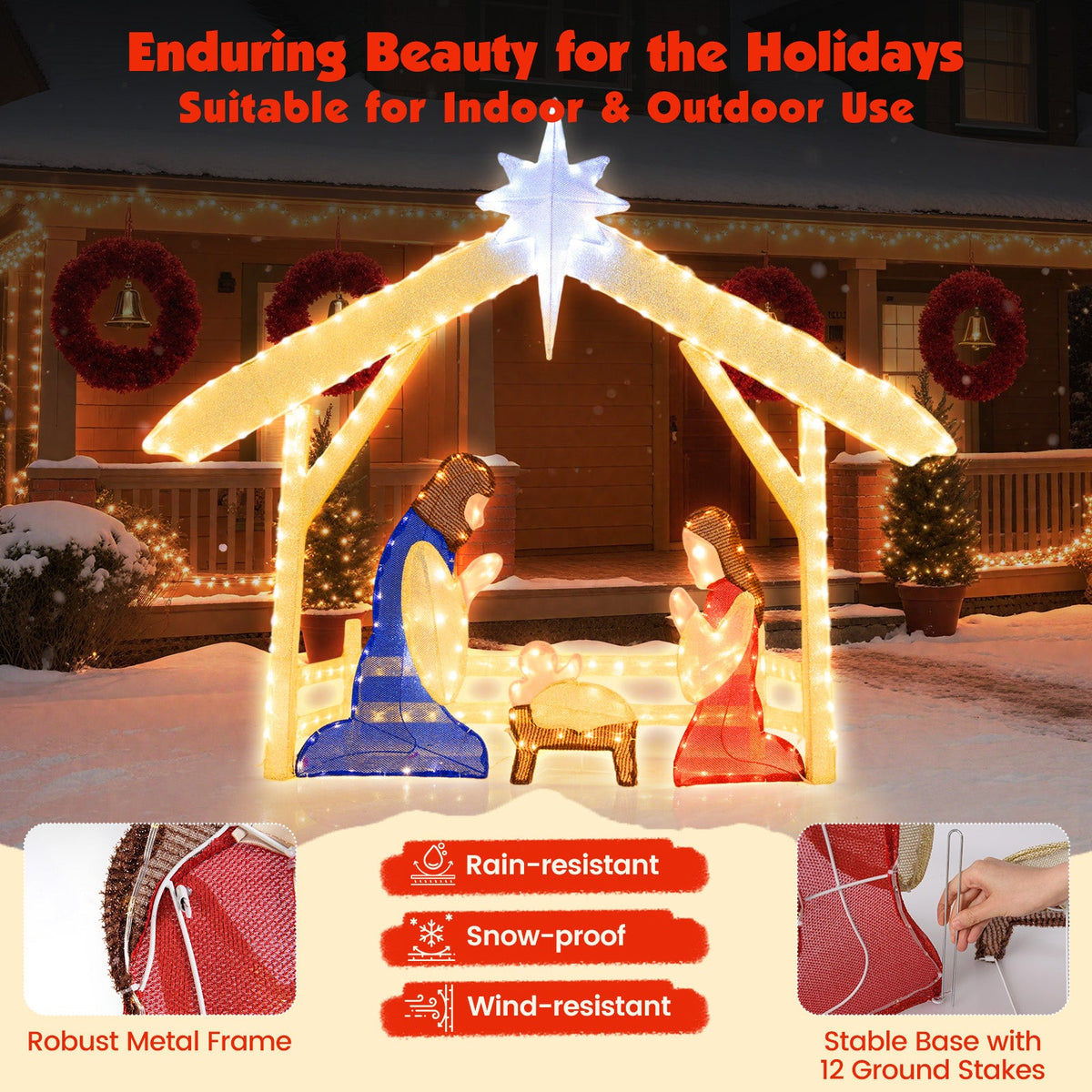 4 Ft Lighted Nativity Scene Pre-lit Christmas Holy Family Set