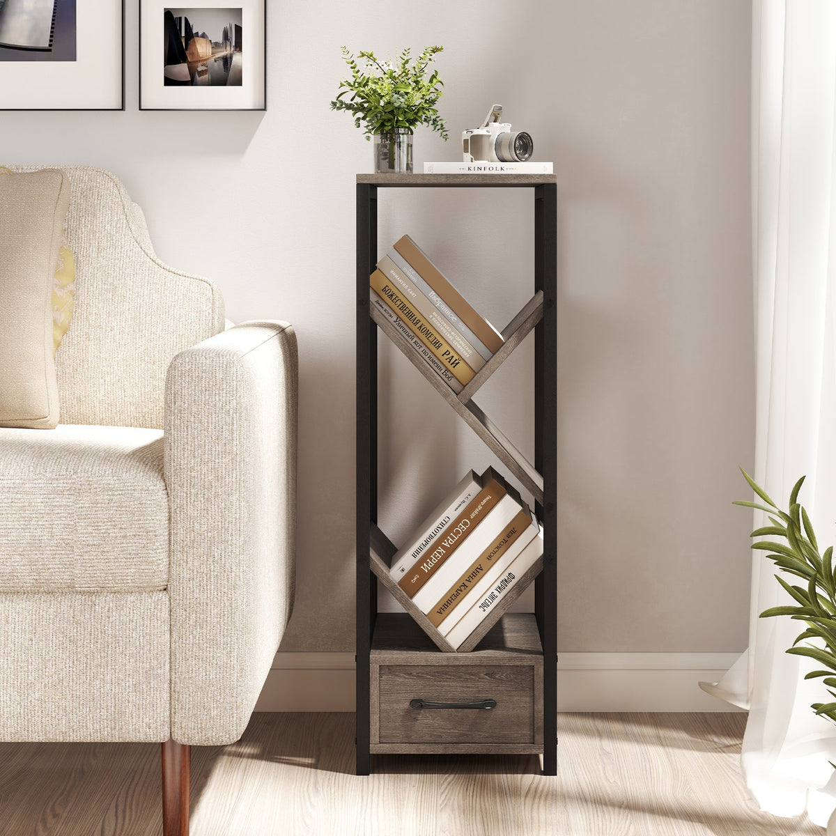 4 Tier Floor Tree Bookshelf with Drawer and Metal Frame-Gray