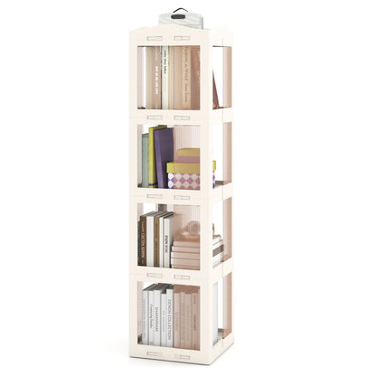 4-Tier Foldable Rotating Bookshelf with Swivel Base and Translucent Panels-White