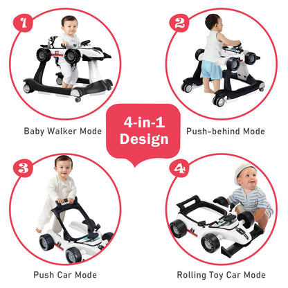 4-in-1 Foldable Activity Push Walker with Adjustable Height-White
