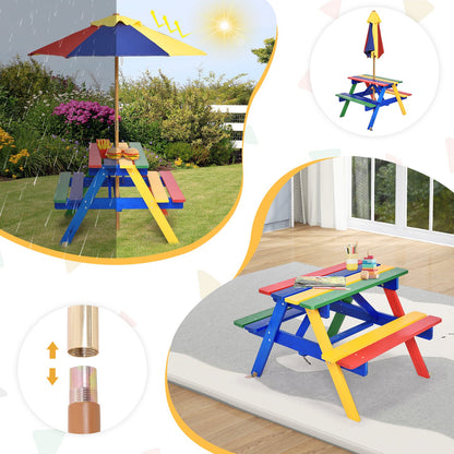 4 Seat Kids Picnic Table with Umbrella-Multicolor