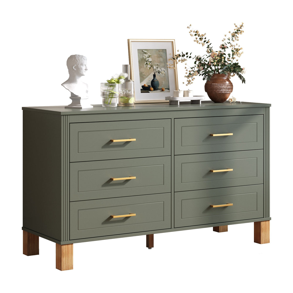 6-Drawer Double Dresser with Solid Wood Legs - Olive