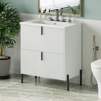 Fluted Bathroom Vanity with Ceramic Sink - Freestanding Wood Design