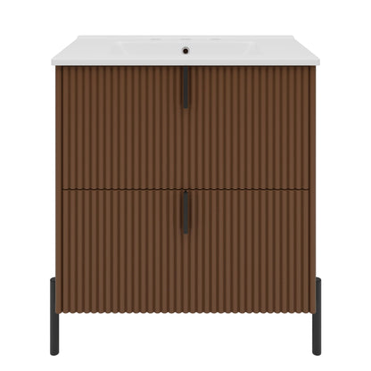 Fluted Bathroom Vanity with Ceramic Sink - Freestanding Wood Design